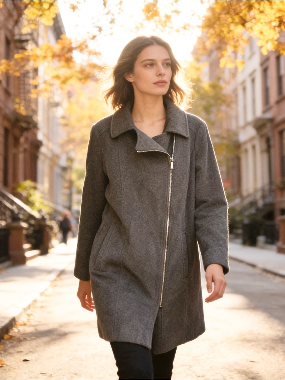 Michael Kors Gray Wool-Blend Asymmetrical Zip Pea Coat Womens 0X EUC Preppy Fall